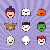 Cute Kawaii Halloween Icons Set Funny Monster Faces on Colorful