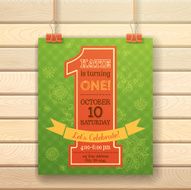 One year Birthday invitation card on wood background