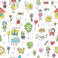 Hand drawn children drawings color seamless pattern Doodle