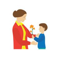 Son gives to mother flowers Mother&#039;s Day
