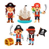 Pirate kids set treasure chest black flag ship