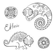 Cute chameleon and flowers in ethnic style