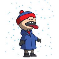 Kid catching and eating snowflakes Cartoon vector illustration