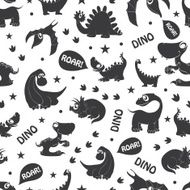 Vector Black White Dinosaurs Roaring Seamless Pattern Flying Pterodactyl Funny