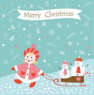Christmas vintage background with girl and snowmen