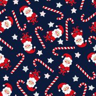 Seamless Christmas pattern with Santa Claus stars and candy cane