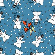 Seamless pattern with cartoon snowmen on blue background