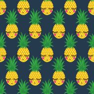 Seamless pattern with smiling sleeping pineapples on dark background