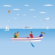 Family by the boat vacation