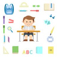 Cute Boy Character sitting at a School Desk with Supplies
