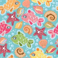 Vector seamless marine pattern with starfish bubbles shells fish