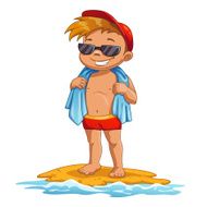 Cute cartoon little boy on the beach