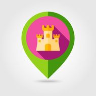 Sand Castle flat mapping pin icon with long shadow