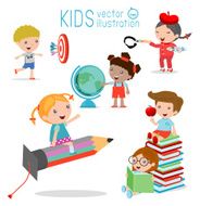 happy cartoon kids in classroom education concept