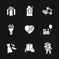 Gift flat contour shop icon set on black