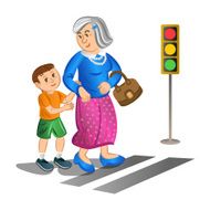 Boy helping old lady cross the street Vector Illustration