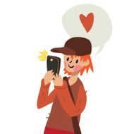 Cute funny flat cartoon vector boy with smart phone