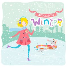 Winter card with happy skating teenage girl and dog