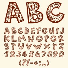 Hand drawn doodle folkloric ornamental alphabet with numbers