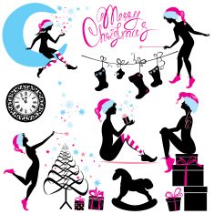 Set of Christmas silhouette fairy girls isolated on white background