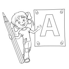 Coloring Page Outline Of Girl with pencil and large letter
