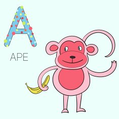 Alphabet letter A ape children vector illustration