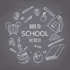 Back to school doodle supplies set Chalk style Chalkboard background