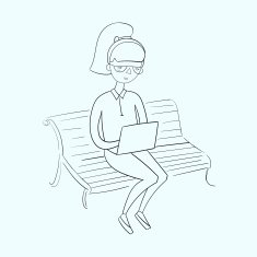 Young girl working with laptop black and white