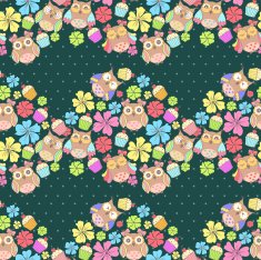 Seamless pattern with owls and flowers cake