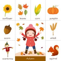 Printable flash card for autumn and girl playing with leaves