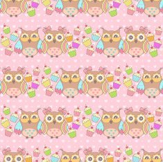 Beautiful pattern with owls and cakes on a pink background N3