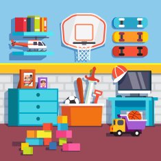Boys room with toys skateboards basketball ring