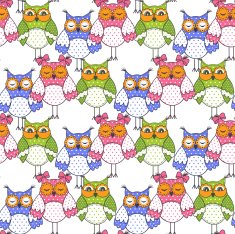 Seamless pattern of colorful owls on a white background N6