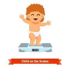 Happy baby toddler in diaper weighting on a scales