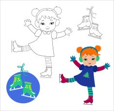 Funny girl in winter clothes on skates white background