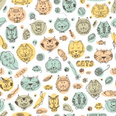 Seamless pattern Hand Drawn Doodles Cats and accessories for pets