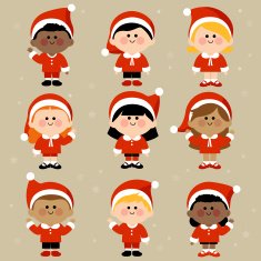 Diverse group of children dressed in Christmas Santa Claus costumes
