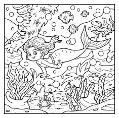 Coloring book little mermaid and sea world