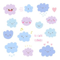 Funny happy smiley clouds characters