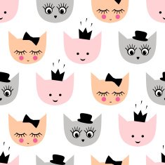 Seamless pattern with funny girlish cats hat crown bow