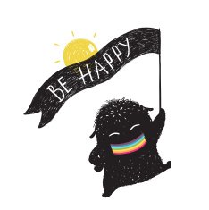 Funny Sunny Happy Cute Little Black Monster with Ribbon Flag