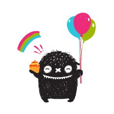 Funny Happy Cute Little Black Monster with Sweets Balloons Rainbow