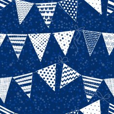 Seamless pattern with buntings garlands on polka dots background