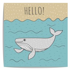 Hand drawn whale in the sea with text Hello