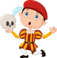 Little boy playing Hamlet in a school play holding skull N2