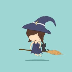 Witch cute and black cat ride on the broom halloween