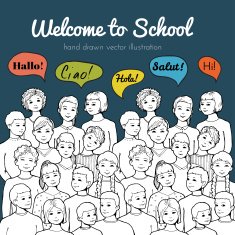 Children group illustration with speech clouds of different foreign languages
