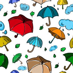 Autumn seamless pattern with colorful umbrellas on white backgro