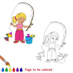 One cartoon baby fisher girl catch fish