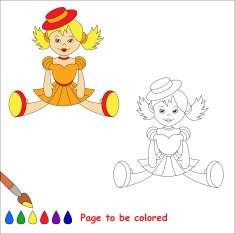 Blonde toy doll in orange dress and red hat